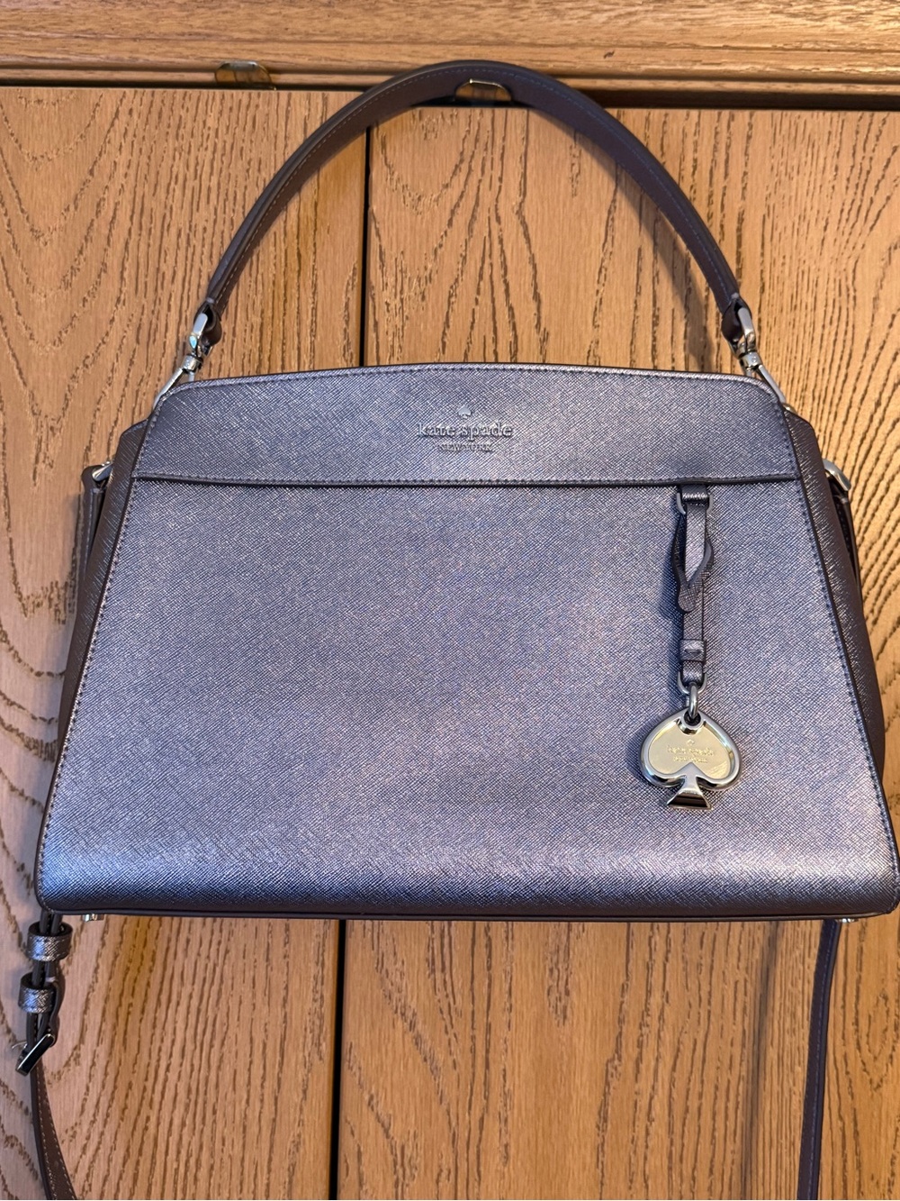 kate spade metallic pewter top-handle satchel with charm